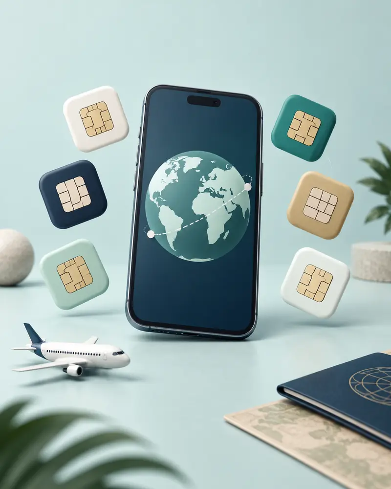 Navy smartphone displaying a globe, surrounded by six eSIM tiles and a miniature airplane