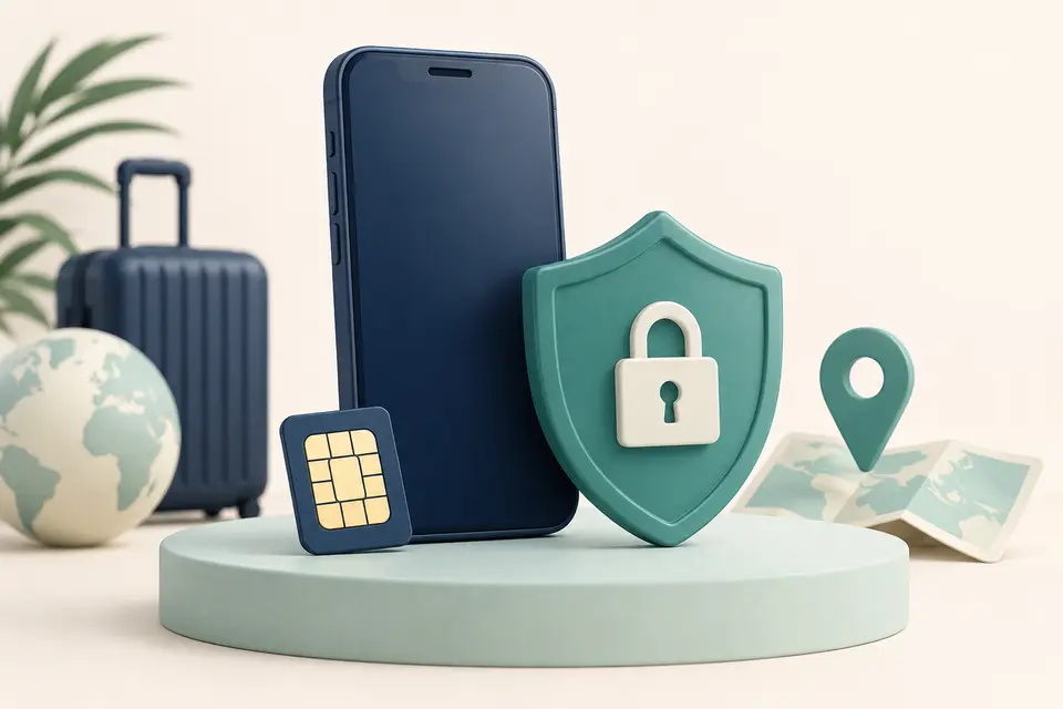 Editorial illustration of a smartphone, shield, eSIM chip and map pin