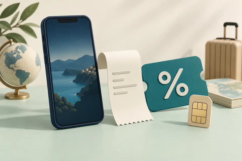 Phone, receipt, eSIM chip and percentage ticket representing a checkout discount