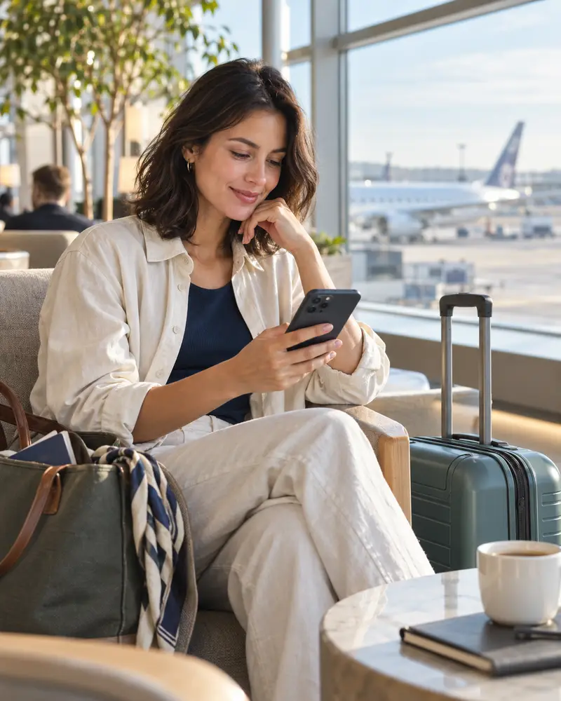 Traveller checking her phone in an airport lounge beside a teal suitcase