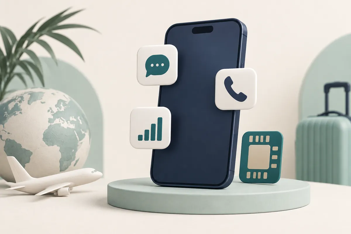 Concept illustration of a phone with mobile data, calling and messaging symbols