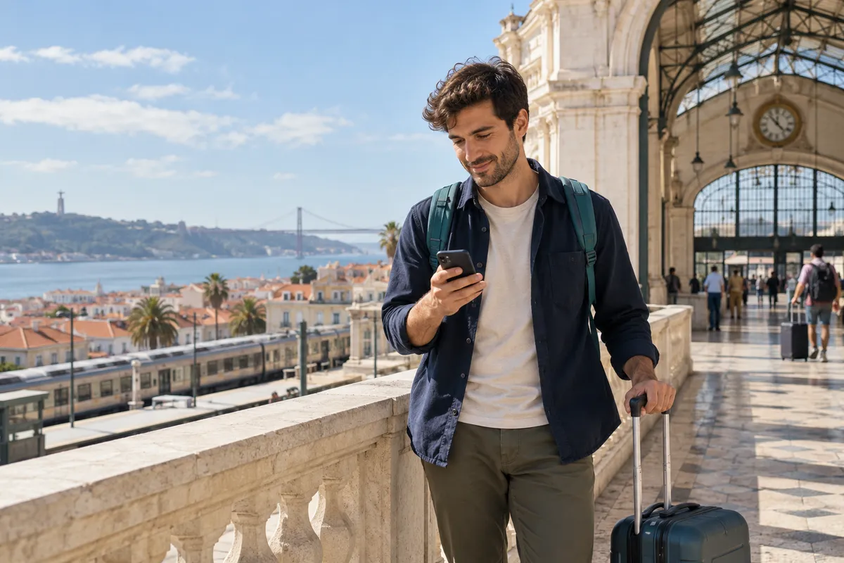 Editorial image of a young adult traveller checking a smartphone beside his suitcase at a European station
