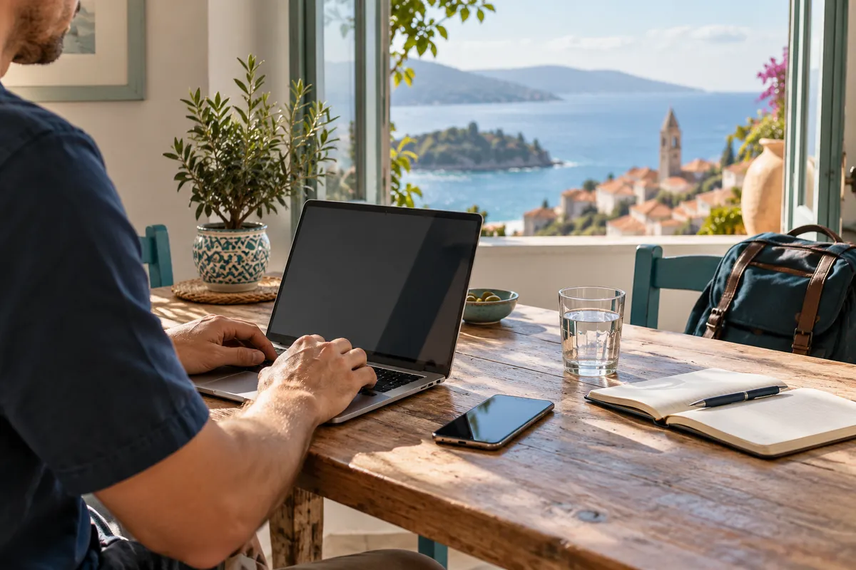 Editorial image of a traveller working with a laptop and phone in a coastal apartment