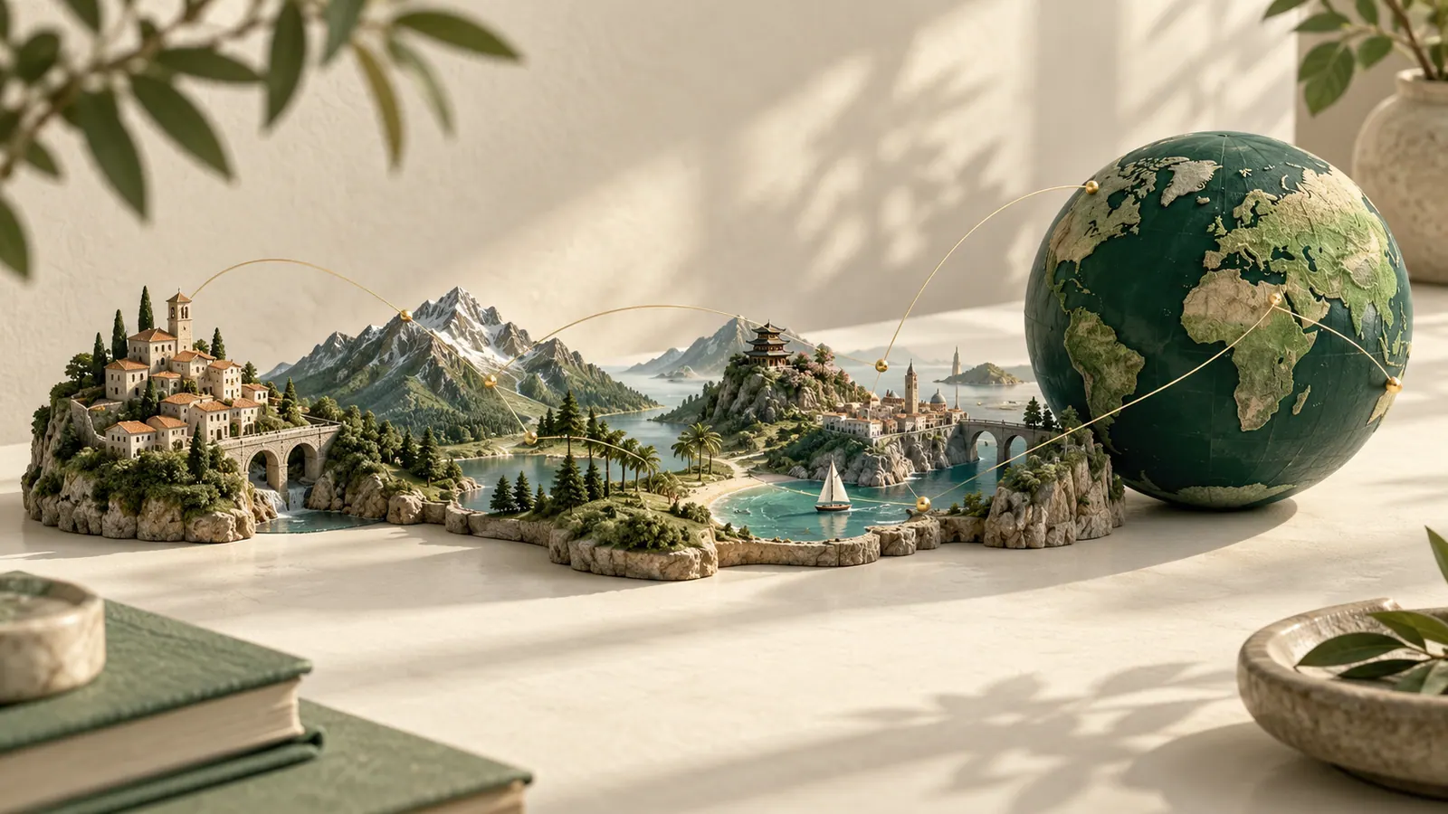 Conceptual miniature landscapes connecting one destination, a region and a globe