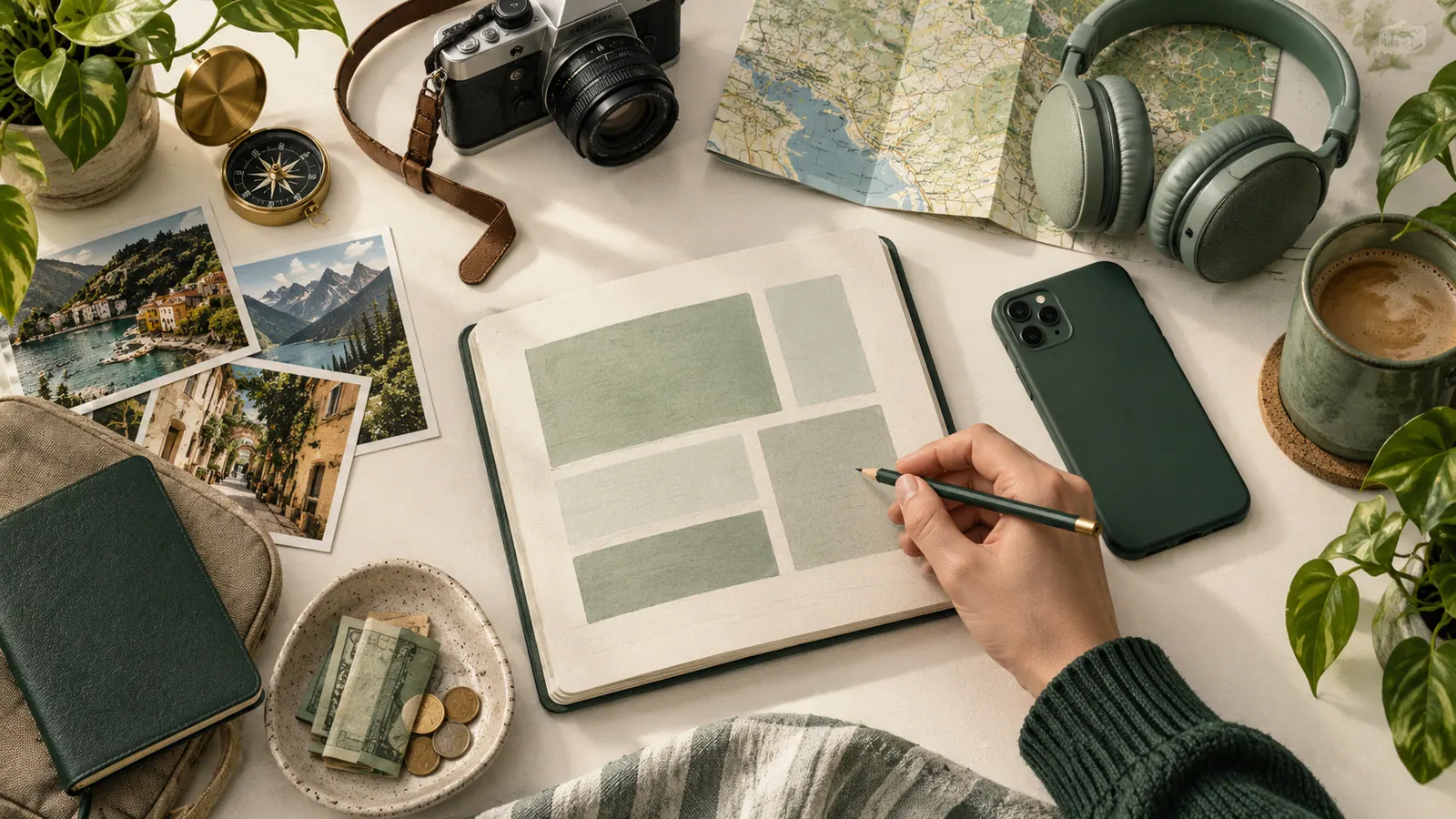Traveller estimating a data budget in a notebook beside a phone and travel essentials
