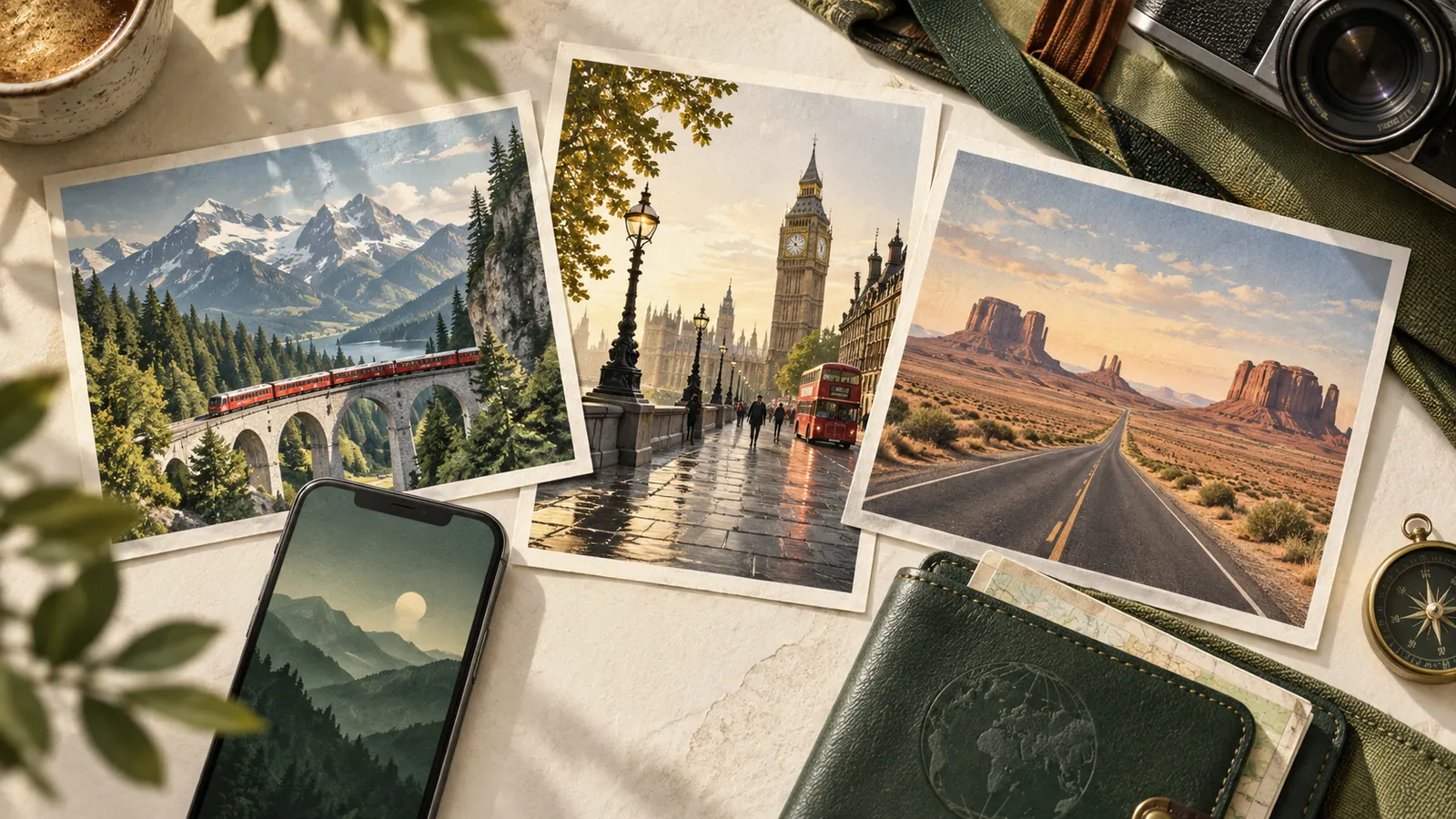 Postcards showing European rail travel, London and an American road trip