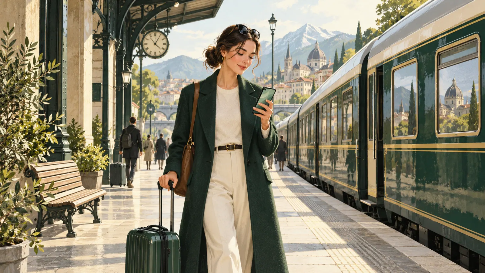 Traveller with a suitcase and smartphone beside a train in a European mountain station