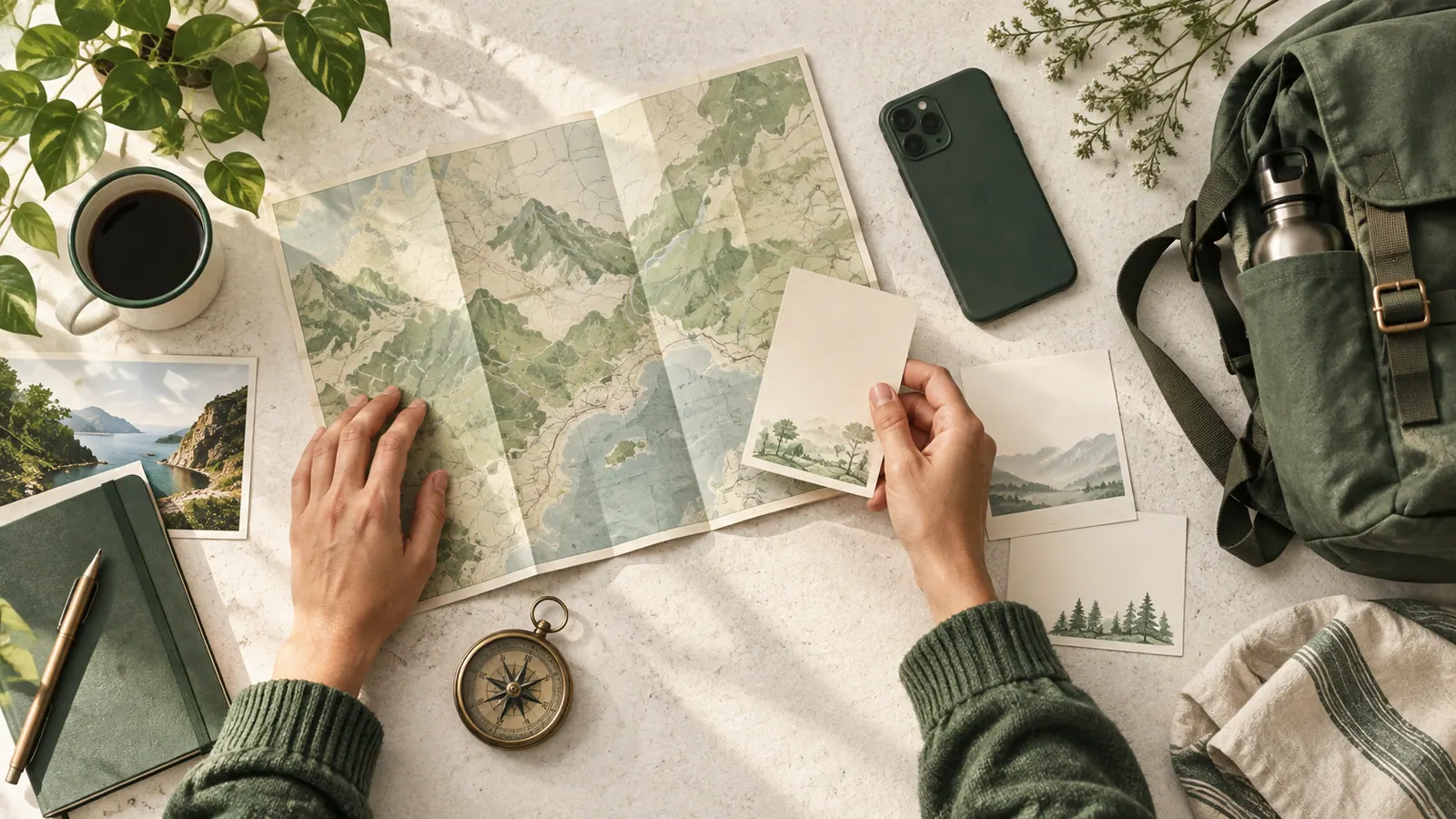 Hands planning an itinerary with a map, cards and smartphone