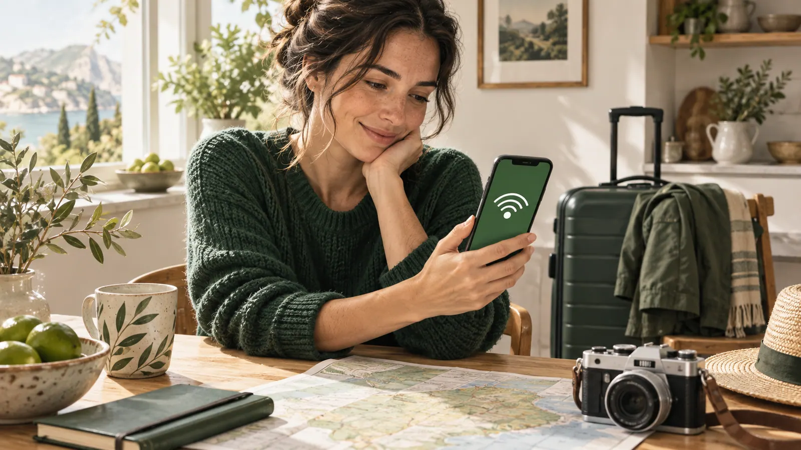Traveller preparing a smartphone and luggage before departure