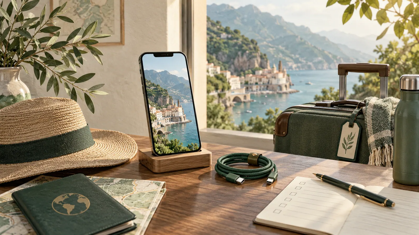 Phone on a stand beside a travel checklist and packed bag