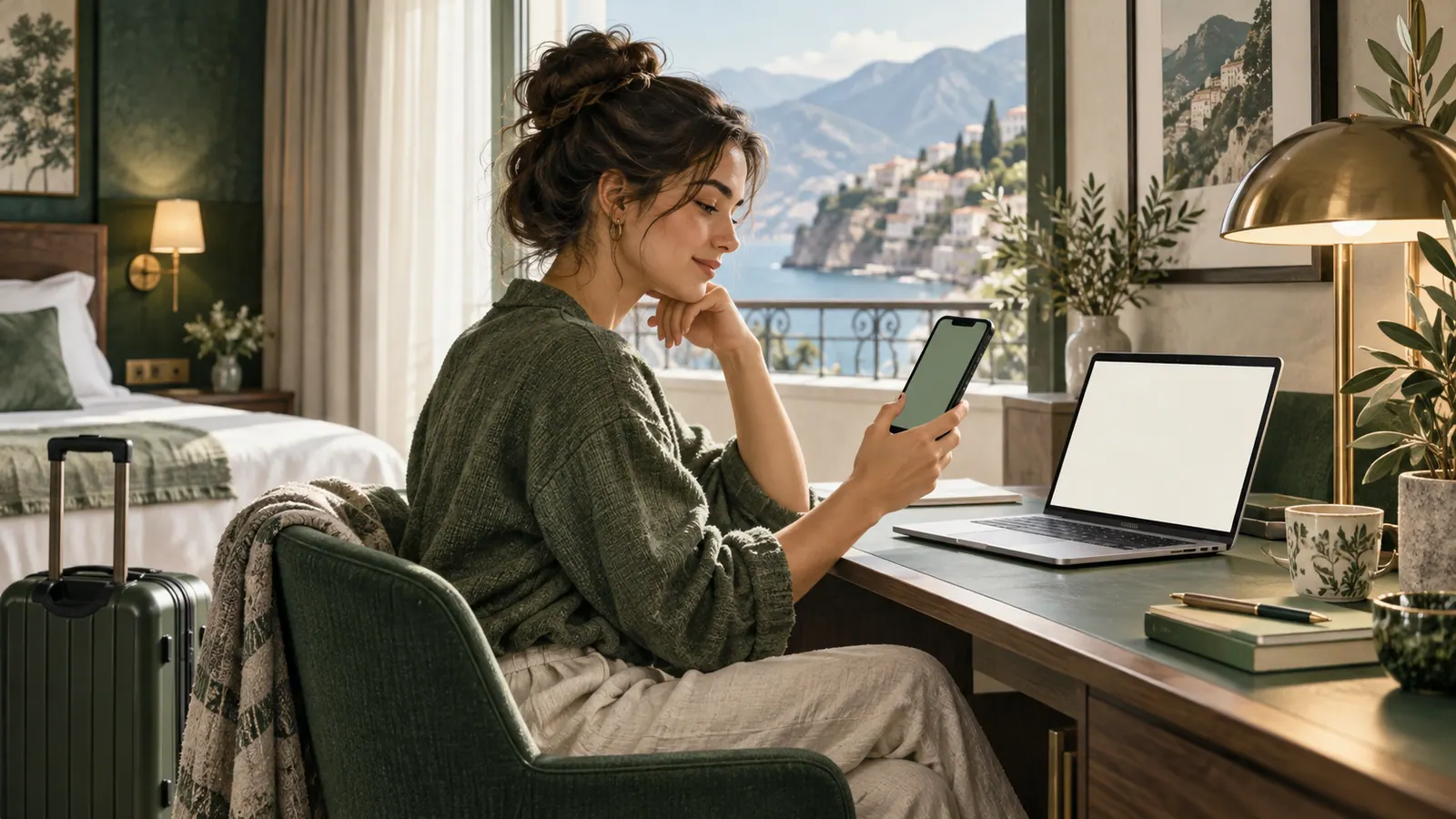 Traveller calmly checking a phone at a hotel desk