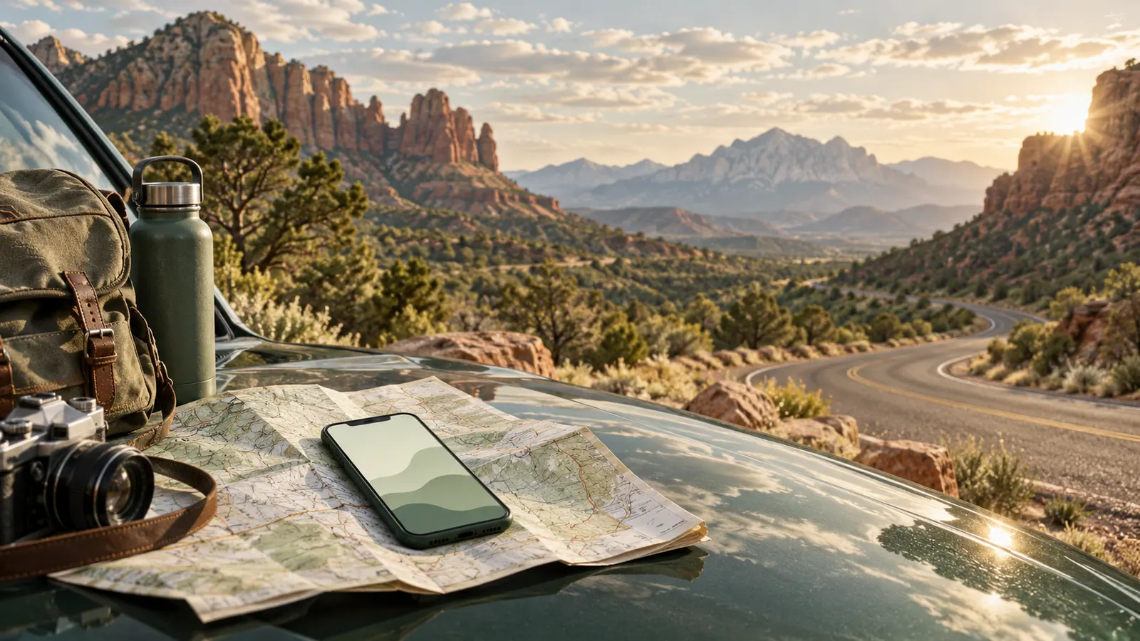 Phone and road map beside a parked car on a scenic American desert route